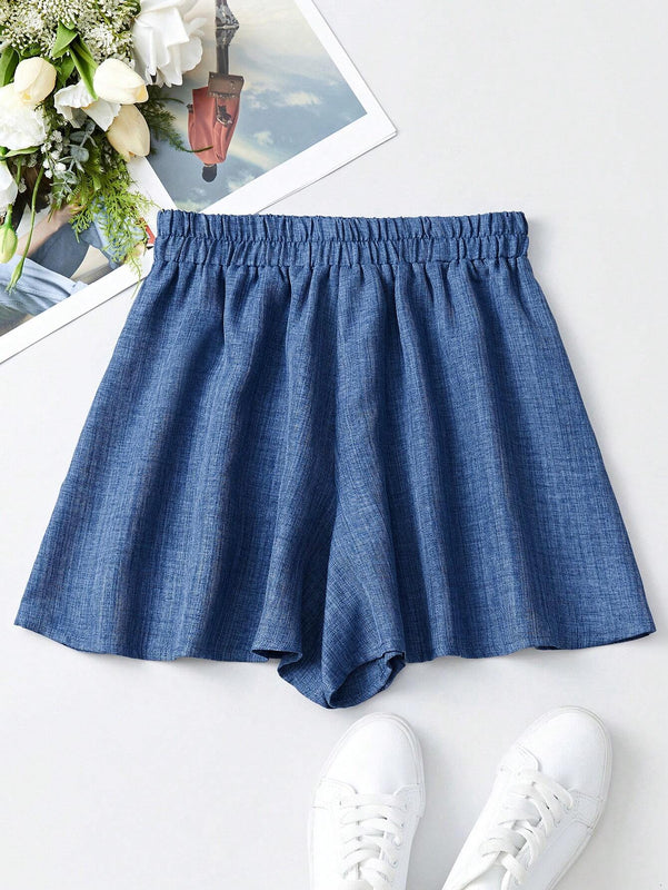Pantalones Cortos Holgados Con Nudo Frontal De Cintura Alta Para Mujeres
