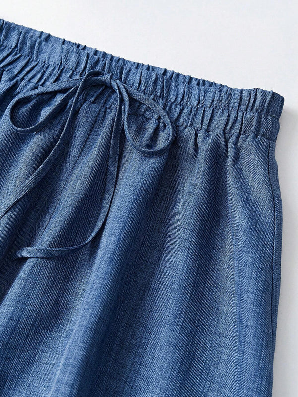 Pantalones Cortos Holgados Con Nudo Frontal De Cintura Alta Para Mujeres
