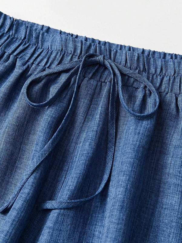 Pantalones Cortos Holgados Con Nudo Frontal De Cintura Alta Para Mujeres