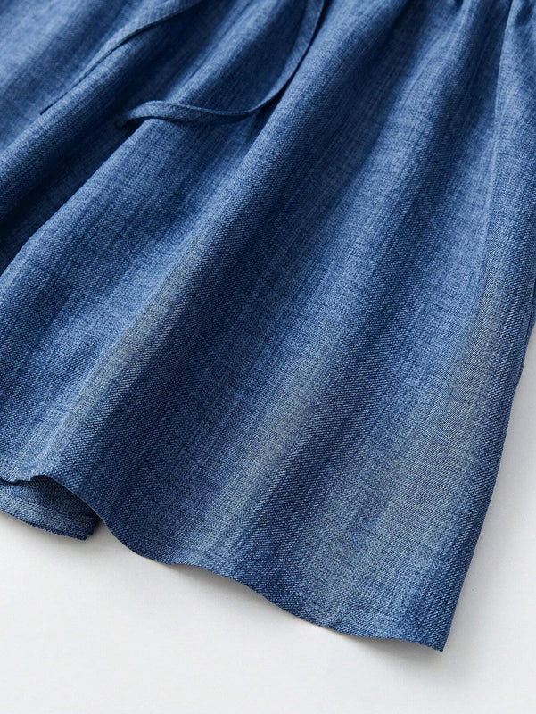 Pantalones Cortos Holgados Con Nudo Frontal De Cintura Alta Para Mujeres