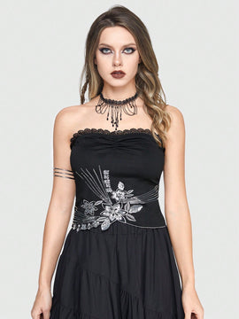 ROMWE Goth Top Sin Tirantes Con Aplique Floral De Encaje, Pliegues Y Detalles Con Cuentas