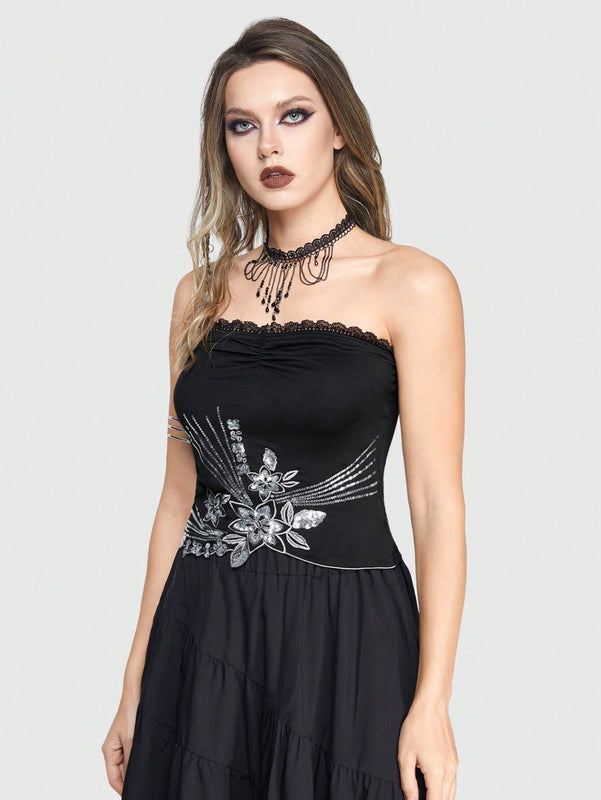 ROMWE Goth Top Sin Tirantes Con Aplique Floral De Encaje, Pliegues Y Detalles Con Cuentas