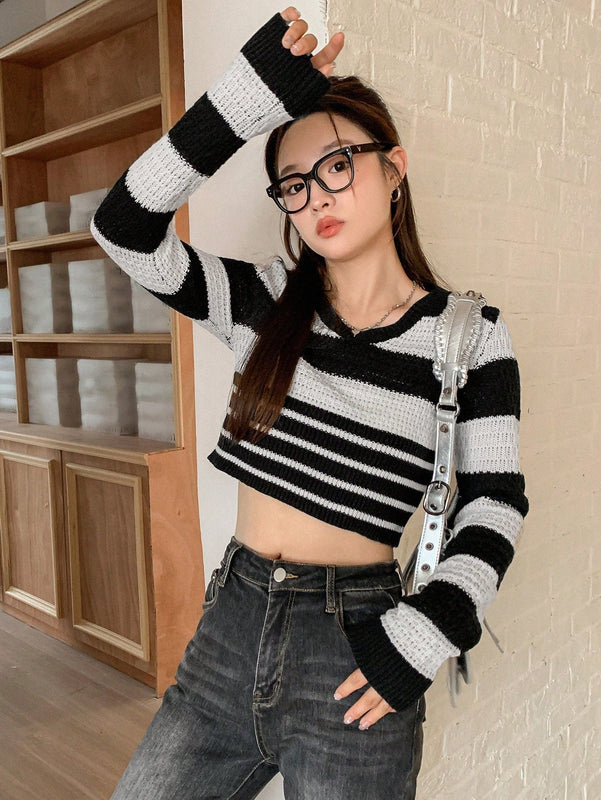 DAZY Jersey Corto A Rayas De Manga Larga Para Mujer