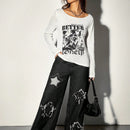 EZwear Sueter Delgado De Punto Para Mujeres Con Impresion De Letras Y Retrato En Blanco Y Negro