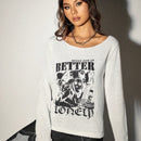 EZwear Sueter Delgado De Punto Para Mujeres Con Impresion De Letras Y Retrato En Blanco Y Negro