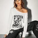 EZwear Sueter Delgado De Punto Para Mujeres Con Impresion De Letras Y Retrato En Blanco Y Negro