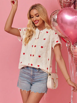LUNE Blusa De Verano Para Mujer Blanca De Manga Corta Con Patron De Corazon De Amor Para El Dia De San Valentin