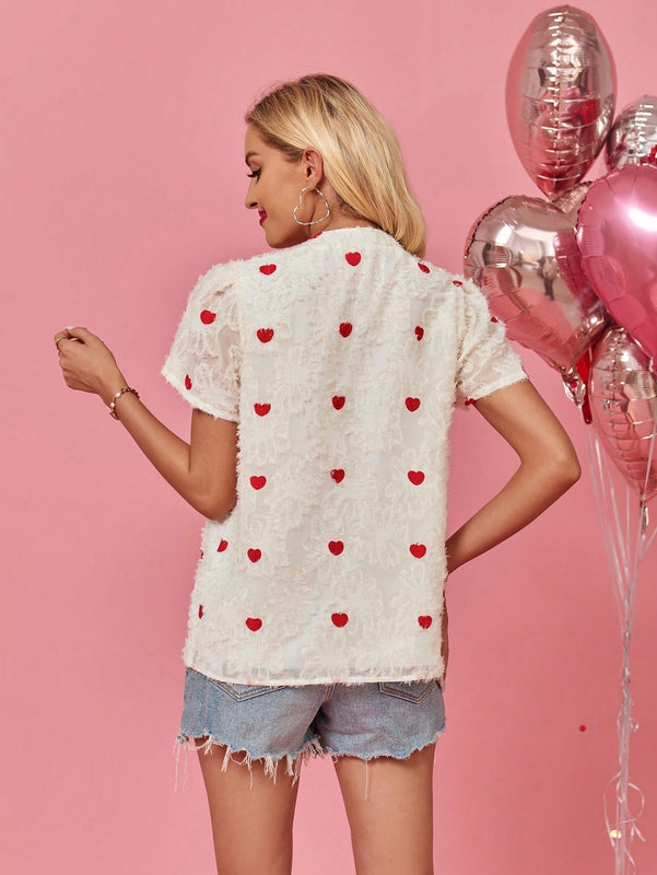 LUNE Blusa De Verano Para Mujer Blanca De Manga Corta Con Patron De Corazon De Amor Para El Dia De San Valentin
