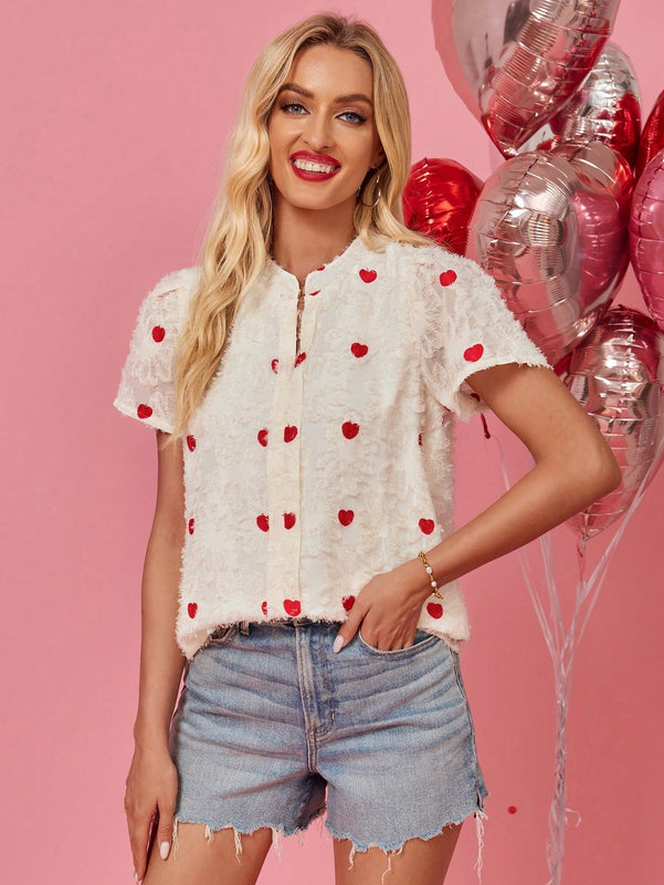 LUNE Blusa De Verano Para Mujer Blanca De Manga Corta Con Patron De Corazon De Amor Para El Dia De San Valentin