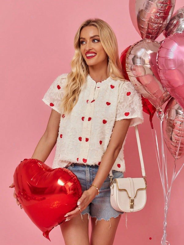 LUNE Blusa De Verano Para Mujer Blanca De Manga Corta Con Patron De Corazon De Amor Para El Dia De San Valentin