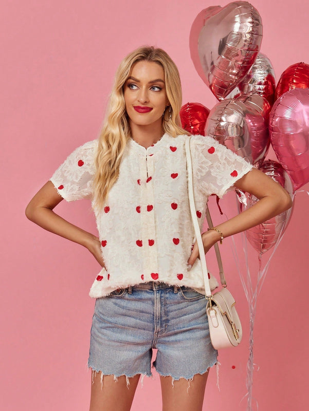 LUNE Blusa De Verano Para Mujer Blanca De Manga Corta Con Patron De Corazon De Amor Para El Dia De San Valentin