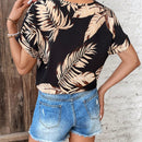 Frenchy Blusa Con Estampado Floral Tropical, Ribete De Encaje De Pestanas En Cuello V Y Hombros Caidos