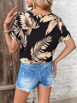 Frenchy Blusa Con Estampado Floral Tropical, Ribete De Encaje De Pestanas En Cuello V Y Hombros Caidos