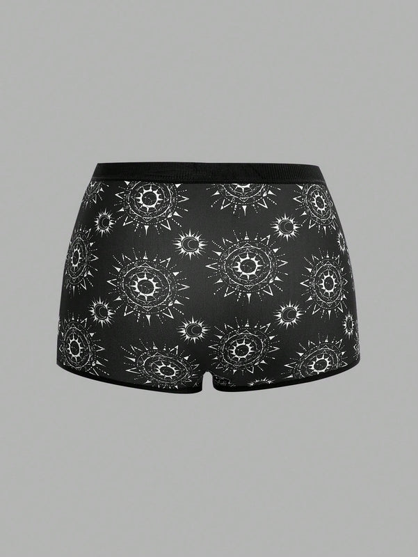 ROMWE Goth 3 Piezas De Pantalones Cortos De Boxeo Para Mujer Con Estampados De Mariposas, Sol, Luna, Estrellas Y Hongos.