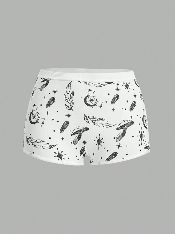 ROMWE Goth 3 Piezas De Pantalones Cortos De Boxeo Para Mujer Con Estampados De Mariposas, Sol, Luna, Estrellas Y Hongos.