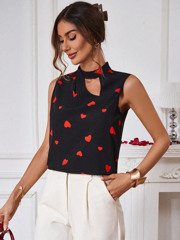 Clasi Camisa Sin Mangas Con Estampado De Corazon Con Forma De Corazon Ahuecado