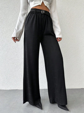 Pantalones de cintura alta y pierna ancha de espiga sin cinturon