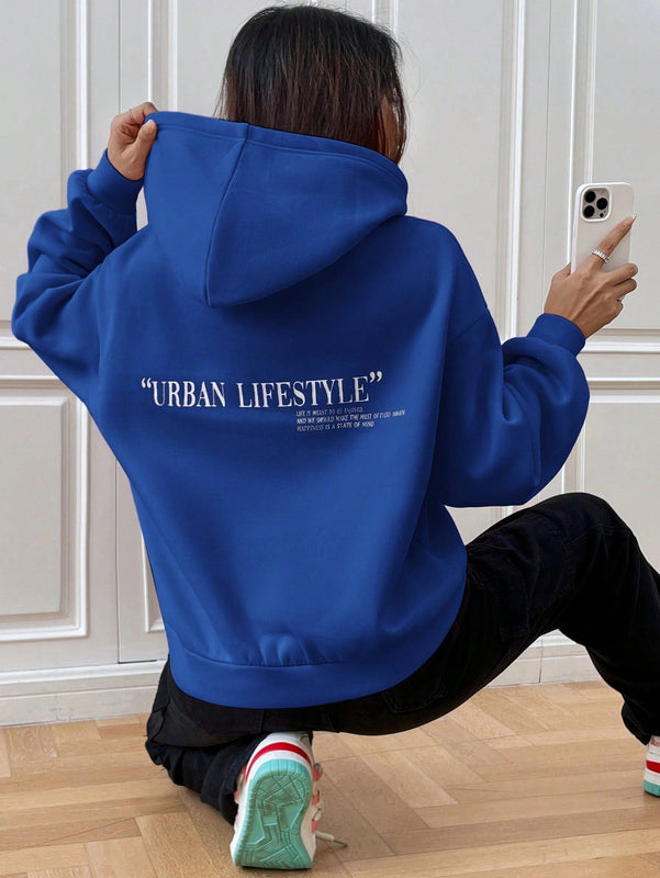Ezwear sudadera con capucha de manga larga de unicolor con estampado de letra, uso casual diario