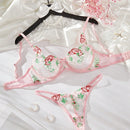 Conjunto De Lenceria Con Tanga Y Brasier Con Aros De Malla Con Bordado Floral Para Mujer