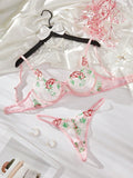 Conjunto De Lenceria Con Tanga Y Brasier Con Aros De Malla Con Bordado Floral Para Mujer