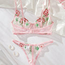 Conjunto De Lenceria Con Tanga Y Brasier Con Aros De Malla Con Bordado Floral Para Mujer