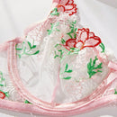 Conjunto De Lenceria Con Tanga Y Sujetador Con Aros De Malla Con Bordado Floral Para Mujer