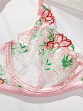 Conjunto De Lenceria Con Tanga Y Sujetador Con Aros De Malla Con Bordado Floral Para Mujer