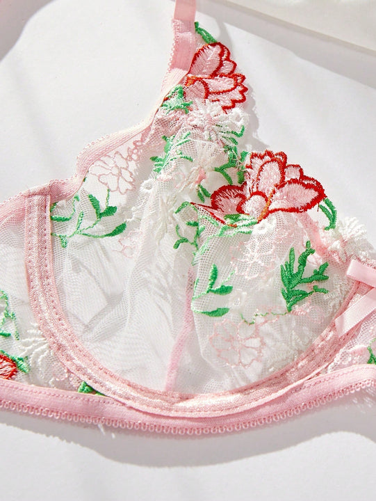 Conjunto De Lenceria Con Tanga Y Sujetador Con Aros De Malla Con Bordado Floral Para Mujer