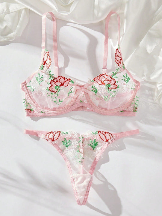Conjunto De Lenceria Con Tanga Y Sujetador Con Aros De Malla Con Bordado Floral Para Mujer