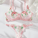Conjunto De Lenceria Con Tanga Y Brasier Con Aros De Malla Con Bordado Floral Para Mujer