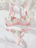 Conjunto De Lenceria Con Tanga Y Brasier Con Aros De Malla Con Bordado Floral Para Mujer
