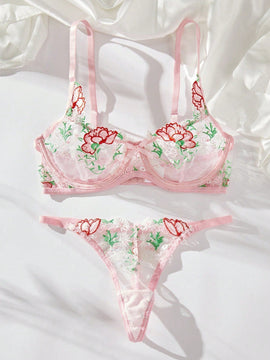 Conjunto De Lenceria Con Tanga Y Brasier Con Aros De Malla Con Bordado Floral Para Mujer