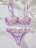 Conjunto De Lenceria Para Mujer Con Bordado Floral De Malla