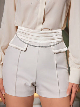 Anewsta Pantalones Cortos Plegados Con Detalles De Volteretas En La Cintura Ancha Sin Cadena En La Cintura