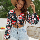 VCAY Camisa De Mujer Con Estampado Floral Y Cordones Para Ajustar