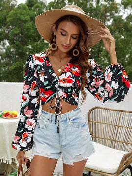 VCAY Camisa De Mujer Con Estampado Floral Y Cordones Para Ajustar