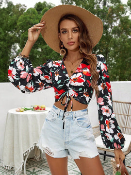 VCAY Camisa De Mujer Con Estampado Floral Y Cordones Para Ajustar