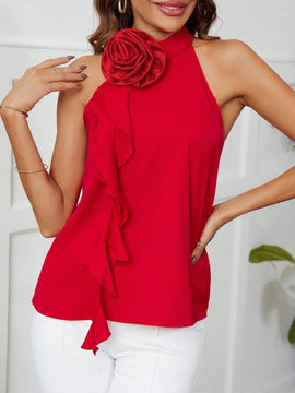 Clasi Blusa Sin Mangas Para Mujeres Con Decoracion De Flores 3d Y Cuello Halter