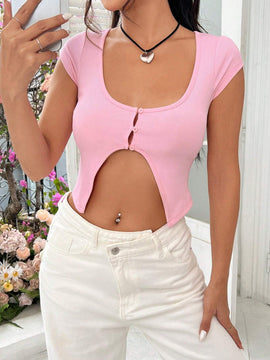 Camiseta De Cuello Redondo Para Mujeres Con Dobladillo Alto-bajo Y Aberturas Laterales