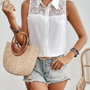 Frenchy Blusa Sin Mangas Con Cuello Abierto Con Encaje Contrastante Y Solapas Abiertas En Forma De Camisa Con Botones.