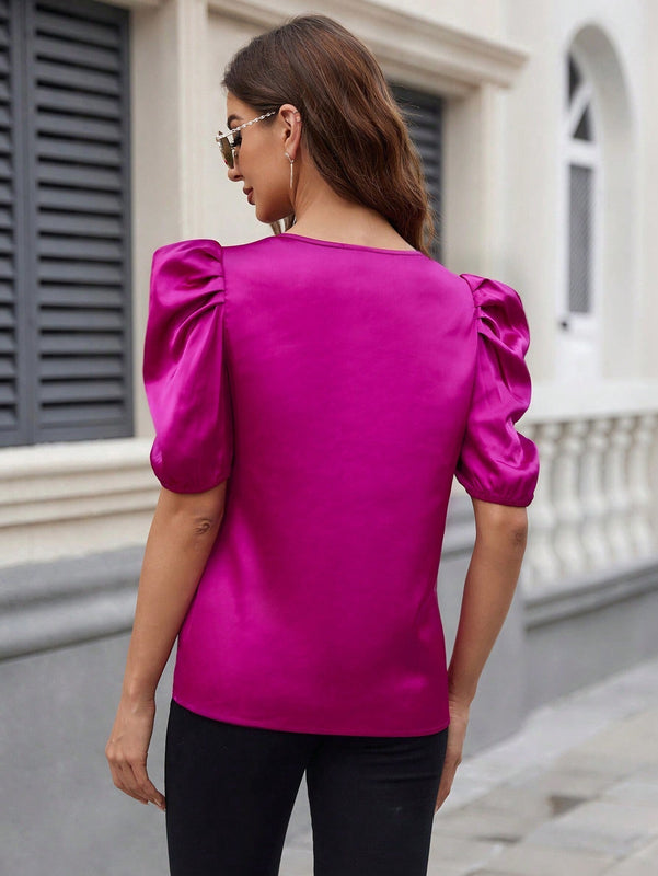 Blusa De Satin Para Mujer Con Mangas De Globo