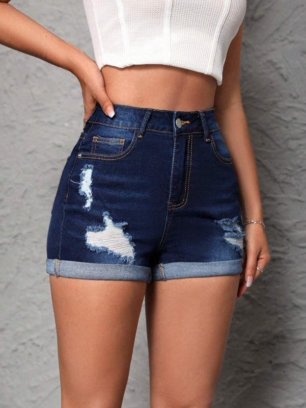 PETITE Pantalones Cortos De Mezclilla Desgarrados Para Mujer