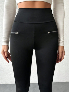 Leggings con cintura ancha de color liso para mujer