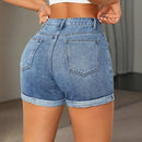 Shorts Vaqueros Ajustados Con Borde Enrollado Para Mujer