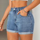Shorts Vaqueros Ajustados Con Borde Enrollado Para Mujer