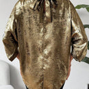 Prive Camisa Con Cuello De Pie, Mangas Francesas Y Diseno Hueco Con Corbata De Cintura