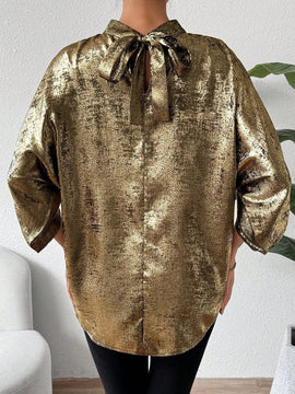 Prive Camisa Con Cuello De Pie, Mangas Francesas Y Diseno Hueco Con Corbata De Cintura