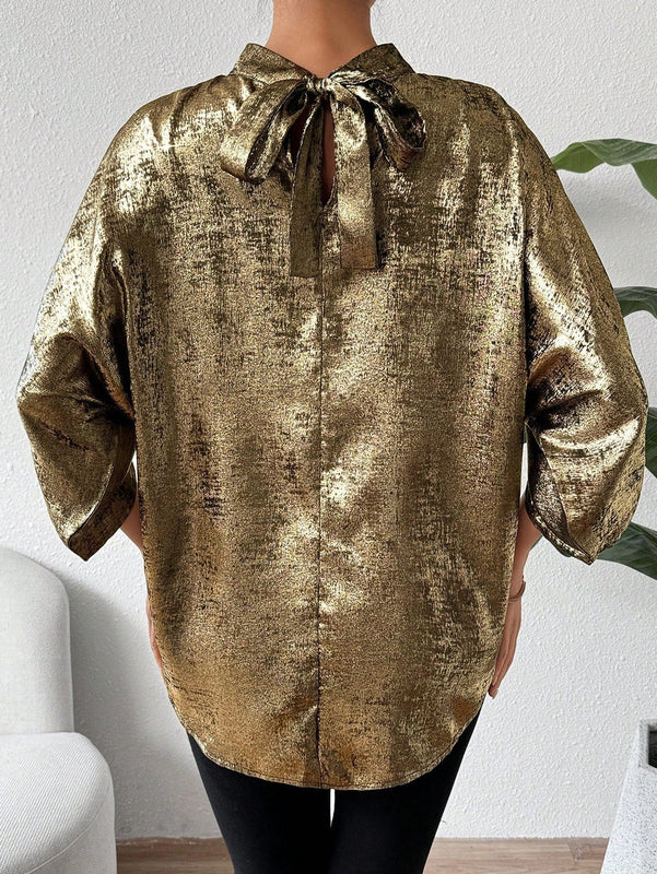 Prive Camisa Con Cuello De Pie, Mangas Francesas Y Diseno Hueco Con Corbata De Cintura