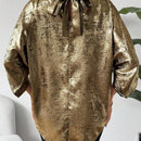 Camisa Con Cuello De Pie, Mangas Francesas Y Diseno Hueco Con Corbata De Cintura