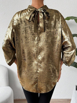 Camisa Con Cuello De Pie, Mangas Francesas Y Diseno Hueco Con Corbata De Cintura